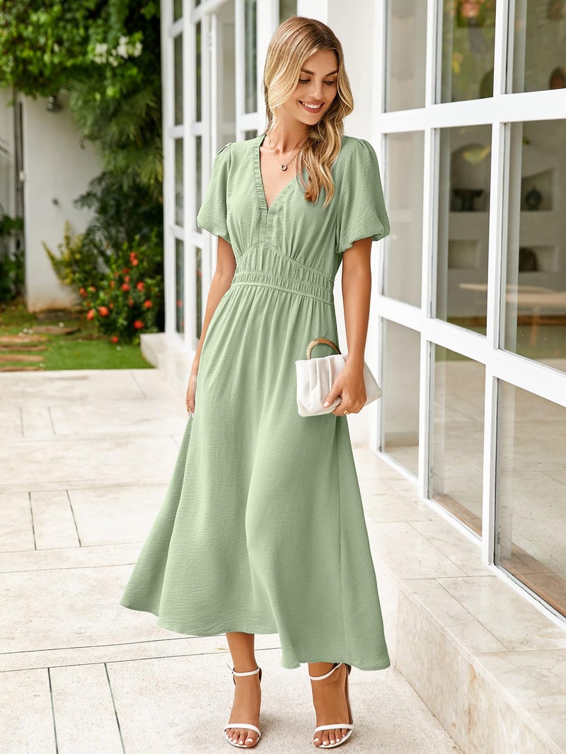 Simplee Apparel Simplee Women's Summer Flowy Midi Dress Casual V Neck Short Sleeve Empire Waist Boho Beach Dress Wedding Guest Maxi Dress Sage Green,S - Image 5
