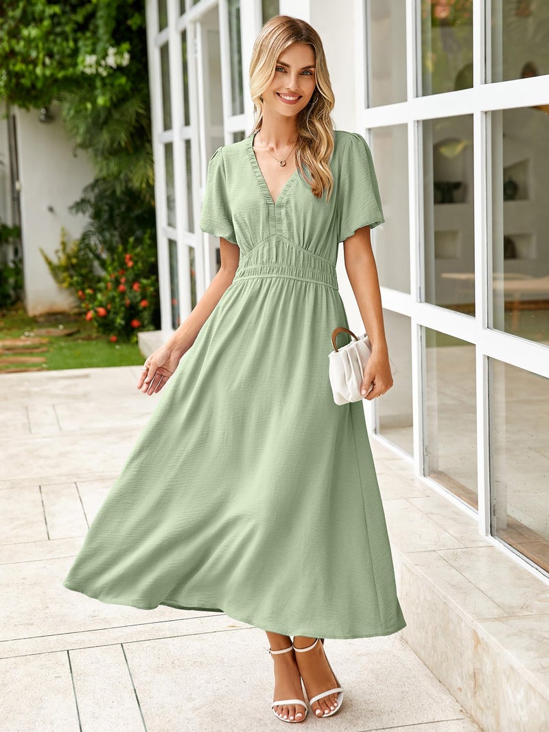 Simplee Apparel Simplee Women's Summer Flowy Midi Dress Casual V Neck Short Sleeve Empire Waist Boho Beach Dress Wedding Guest Maxi Dress Sage Green,S - Image 4