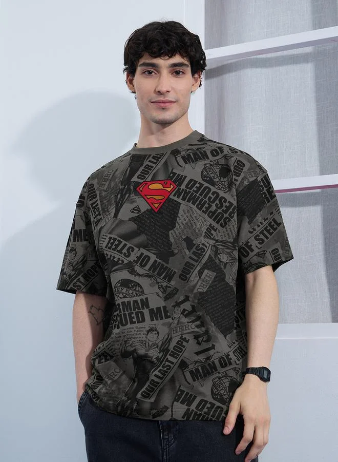 The Souled Store Grey Superman Newsprint Oversized T-Shirt