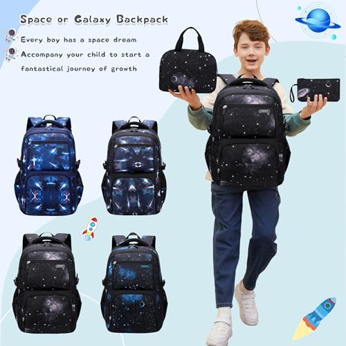 Bansusu 3Pcs Space Print Boys Backpack Set with Lunch Bag, Galaxy Backpacks for Boys Water-resistant School Bags Bookbags, 3 Pieces-Dark-blue - Image 2