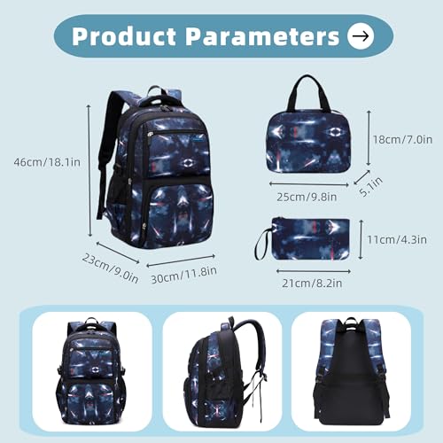 Bansusu 3Pcs Space Print Boys Backpack Set with Lunch Bag, Galaxy Backpacks for Boys Water-resistant School Bags Bookbags, 3 Pieces-Dark-blue - Image 3