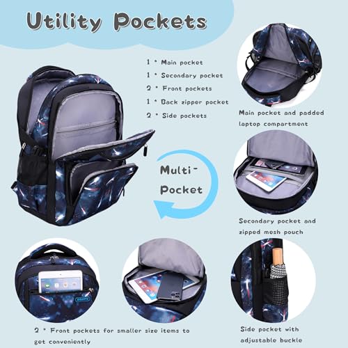 Bansusu 3Pcs Space Print Boys Backpack Set with Lunch Bag, Galaxy Backpacks for Boys Water-resistant School Bags Bookbags, 3 Pieces-Dark-blue - Image 4