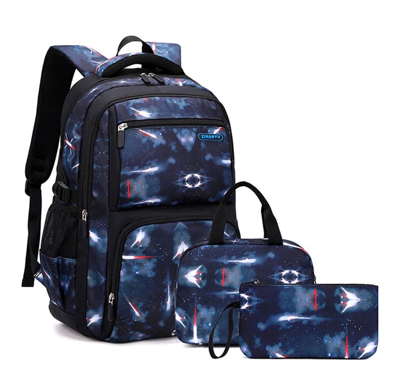 Bansusu 3Pcs Space Print Boys Backpack Set with Lunch Bag, Galaxy Backpacks for Boys Water-resistant School Bags Bookbags, 3 Pieces-Dark-blue - Image 1