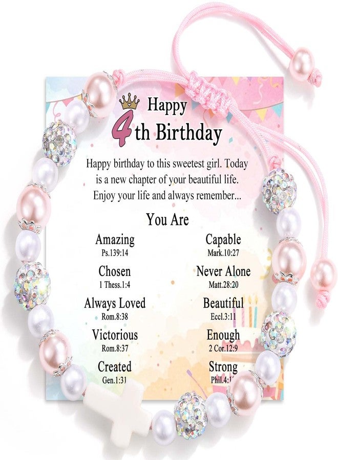 FIEEFX 4 Year Old Girl Birthday Gifts, Cross Pearl Bracelet Jewelry as Four Year 4yr Old Girls Happy 4th Birthday Gifts Decorations Card for Girls Sister Daughter Granddaughter Niece Who turns 4 - Image 1