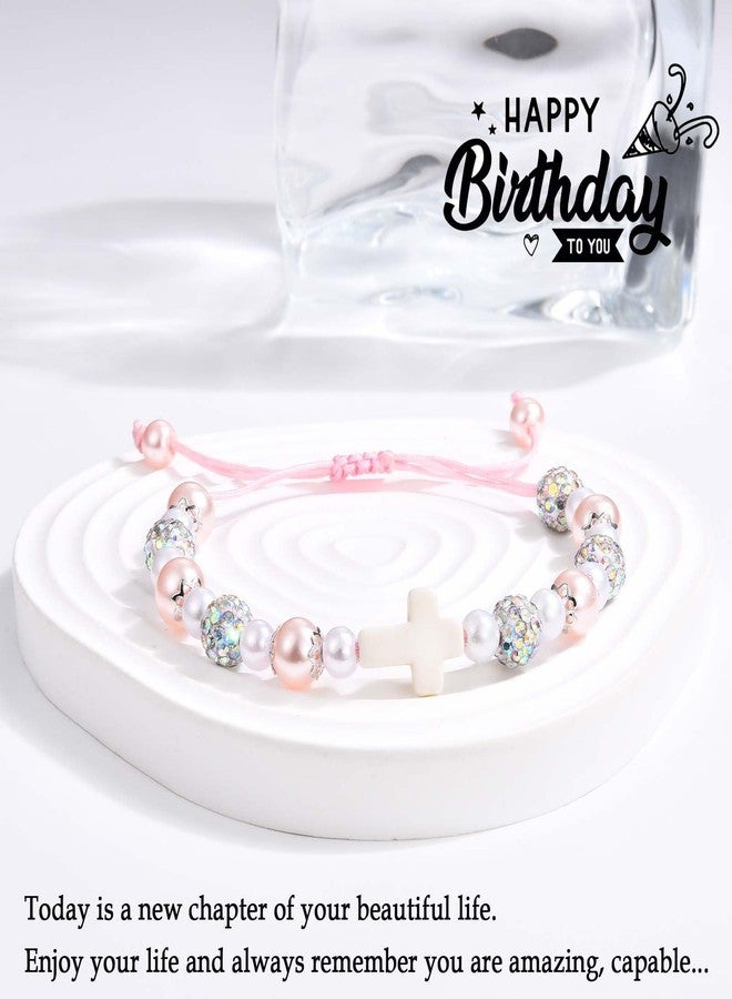 FIEEFX 4 Year Old Girl Birthday Gifts, Cross Pearl Bracelet Jewelry as Four Year 4yr Old Girls Happy 4th Birthday Gifts Decorations Card for Girls Sister Daughter Granddaughter Niece Who turns 4 - Image 2