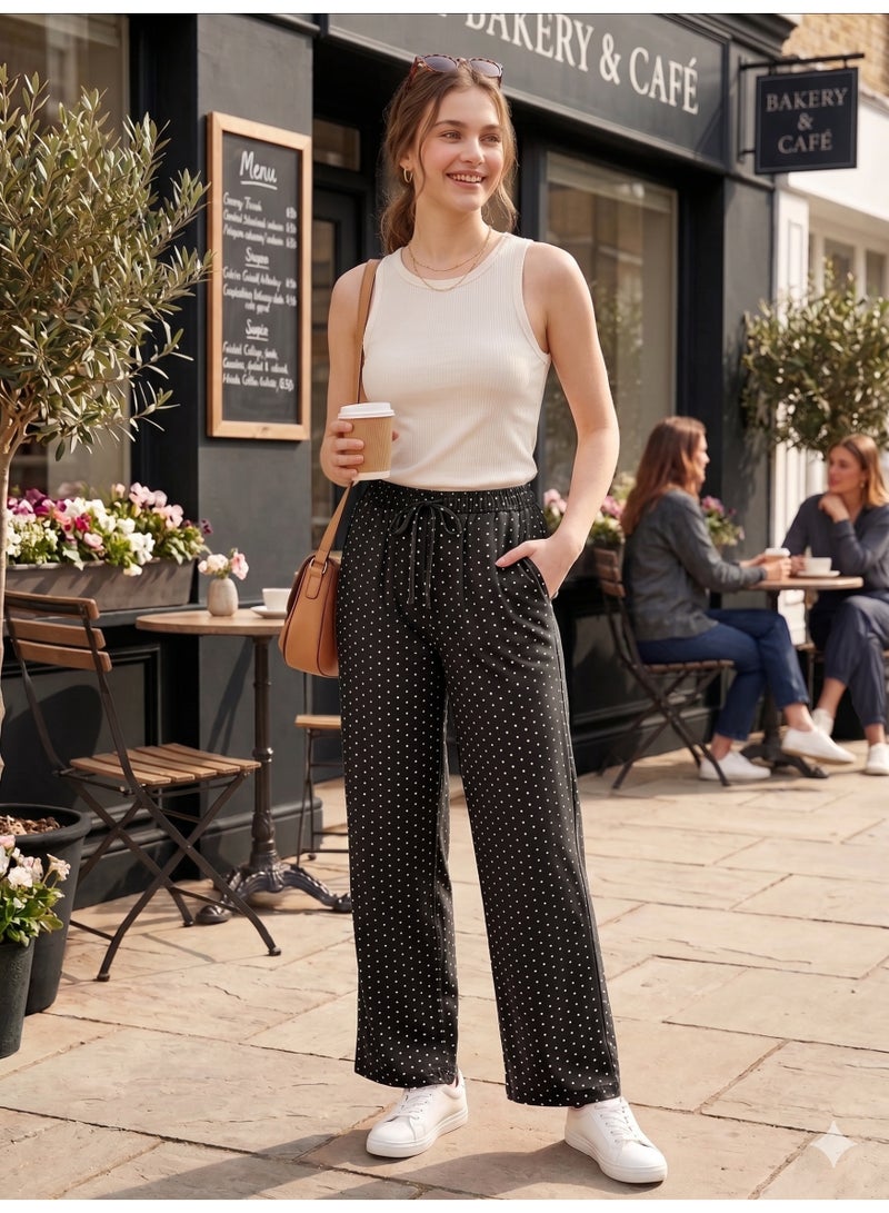 Soft Steps Women’s Wide Leg Polka Dot Pants – Casual Streetwear Lounge Trousers with Elastic Waist and Loose Fit - Image 3