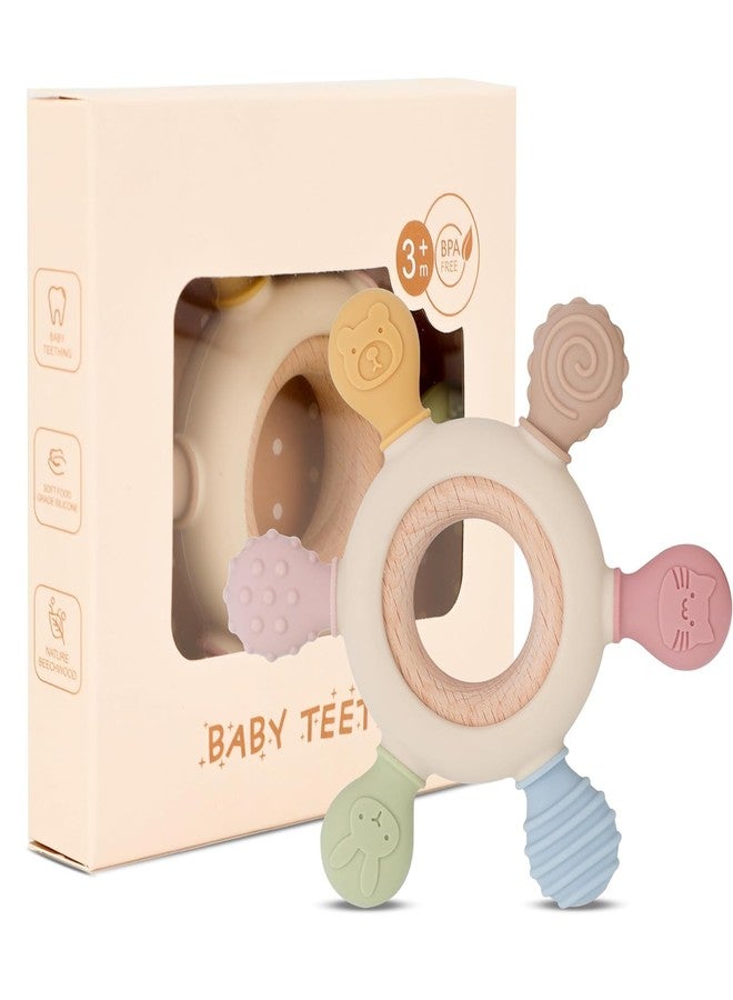 Gurtmiy Baby Teething Toys fo 0-12 Months, BPA Free Baby Silicone Rudder with Wooden Ring, Teether Sensory Toys for Babies Newborn Infant Toy's Gifts for 1 One Year Old Baby Boys Girls (Multicolor) - Image 1