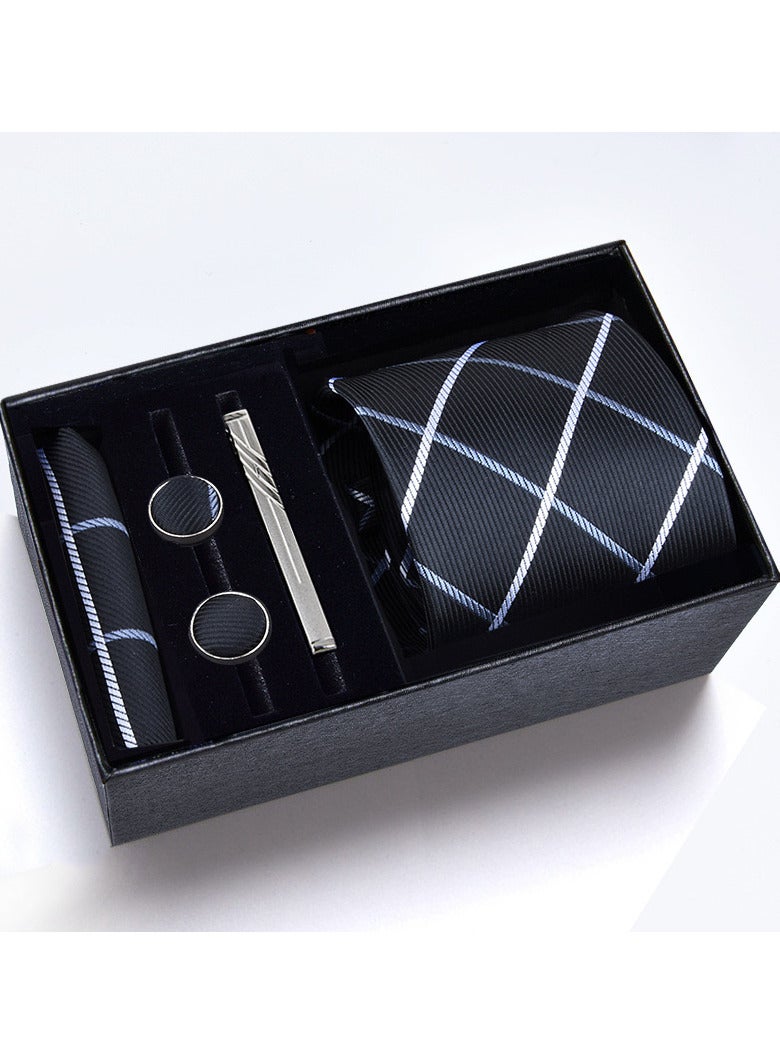 Hiras Fashionable Grid pattern Necktie Suit Gift Box Set（Tie, Pocket Square, Cufflinks, Tie Clip Set )-Black - Image 1