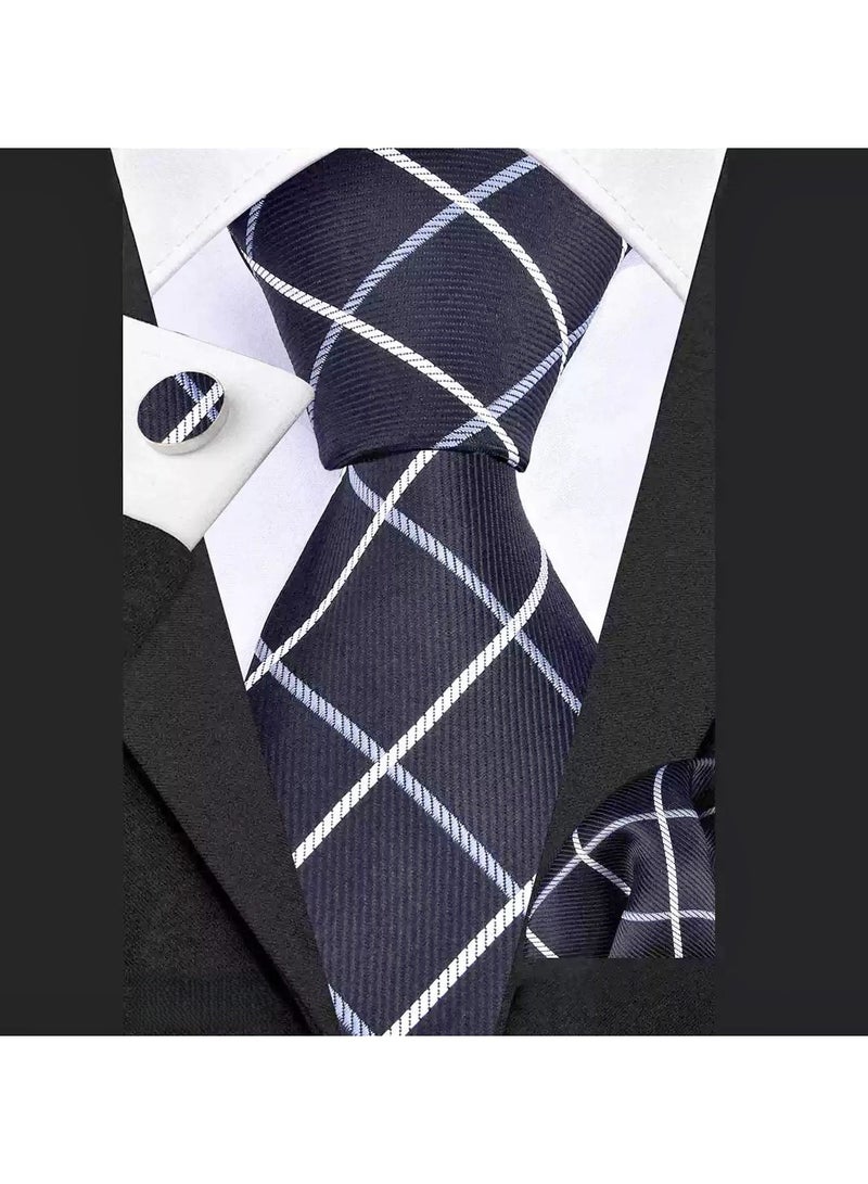 Hiras Fashionable Grid pattern Necktie Suit Gift Box Set（Tie, Pocket Square, Cufflinks, Tie Clip Set )-Black - Image 2