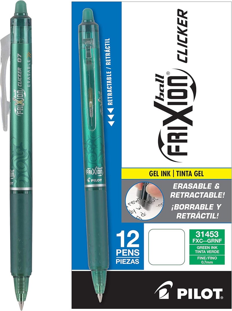 PILOT FriXion Clicker Erasable Gel Pens, Fine Point (0.7mm), Green Ink, 12-Pack - Refillable, Smooth Writing Pens for School, Journaling, and Office Use - Image 1