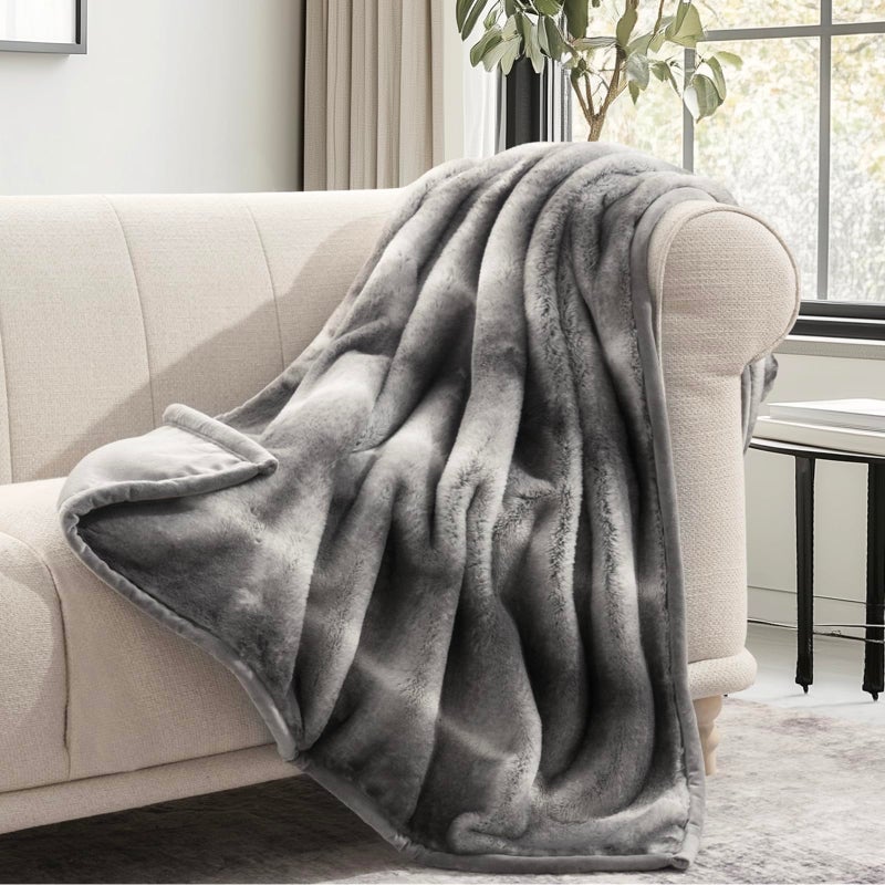 EVERGRACEHOME Ultra Soft Luxury Fluffy Mink Faux Fur Throw Blanket Thick Warm Fall Winter Blankets for Bed Couch Cozy Plush Reversible Blanket for Chair Sofa Ombr Silver Onyx 60x80