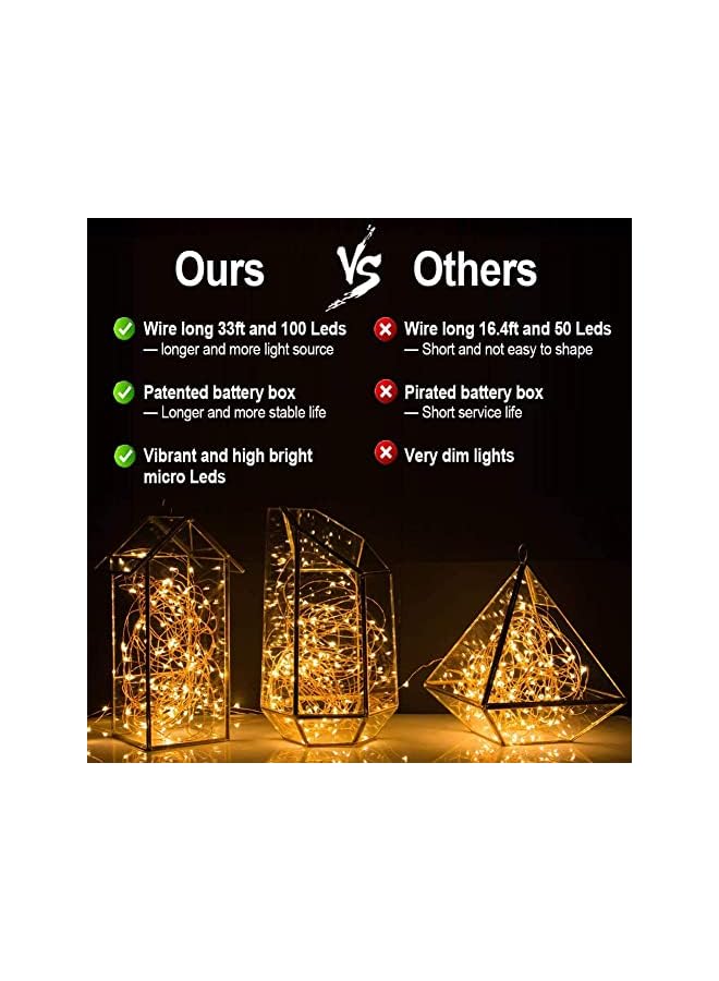 The Bros عبوة 2 من أضواء الجنية LED بطول 33 قدم تعمل بالبطارية، أضواء خيطية مع 8 أوضاع تحكم عن بعد مؤقت مقاومة للماء سلك نحاسي لأضواء الوميض لتزيين غرفة النوم وحفلات الزفاف وعيد الميلاد، أبيض دافئ - Image 4