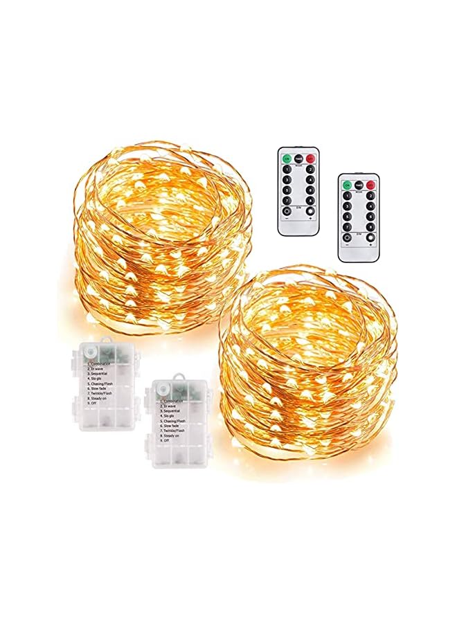 The Bros عبوة 2 من أضواء الجنية LED بطول 33 قدم تعمل بالبطارية، أضواء خيطية مع 8 أوضاع تحكم عن بعد مؤقت مقاومة للماء سلك نحاسي لأضواء الوميض لتزيين غرفة النوم وحفلات الزفاف وعيد الميلاد، أبيض دافئ - Image 2