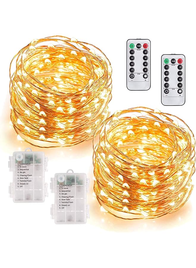 The Bros عبوة 2 من أضواء الجنية LED بطول 33 قدم تعمل بالبطارية، أضواء خيطية مع 8 أوضاع تحكم عن بعد مؤقت مقاومة للماء سلك نحاسي لأضواء الوميض لتزيين غرفة النوم وحفلات الزفاف وعيد الميلاد، أبيض دافئ - Image 1
