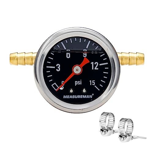 MEASUREMAN Fuel Pressure Gauge Kit 0-15Psi Stainless Steel Glycerin Filled, 1-1/2" Black Dial Size, with 5/16" Fuel Line Fuel Pressure Brass T-Fitting Adapter, Center Back Mount - Image 1