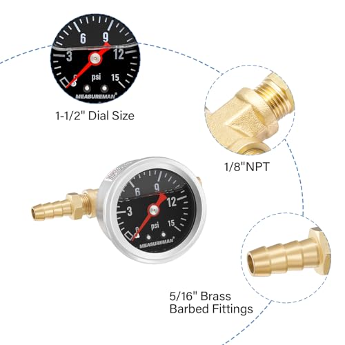 MEASUREMAN Fuel Pressure Gauge Kit 0-15Psi Stainless Steel Glycerin Filled, 1-1/2" Black Dial Size, with 5/16" Fuel Line Fuel Pressure Brass T-Fitting Adapter, Center Back Mount - Image 2