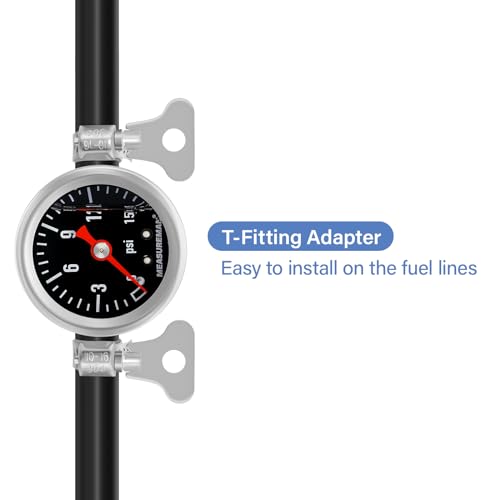 MEASUREMAN Fuel Pressure Gauge Kit 0-15Psi Stainless Steel Glycerin Filled, 1-1/2" Black Dial Size, with 5/16" Fuel Line Fuel Pressure Brass T-Fitting Adapter, Center Back Mount - Image 4