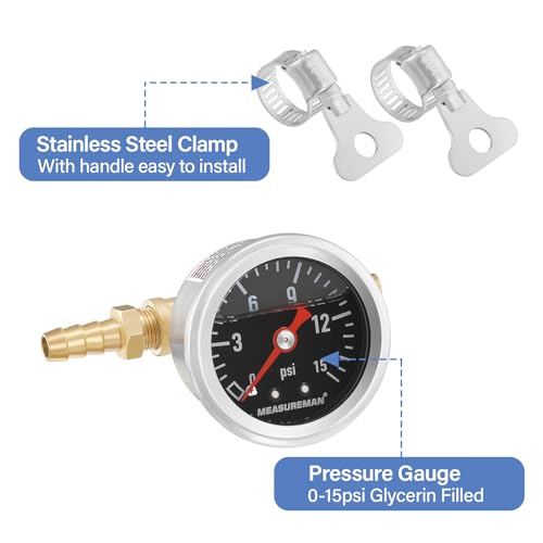 MEASUREMAN Fuel Pressure Gauge Kit 0-15Psi Stainless Steel Glycerin Filled, 1-1/2" Black Dial Size, with 5/16" Fuel Line Fuel Pressure Brass T-Fitting Adapter, Center Back Mount - Image 3