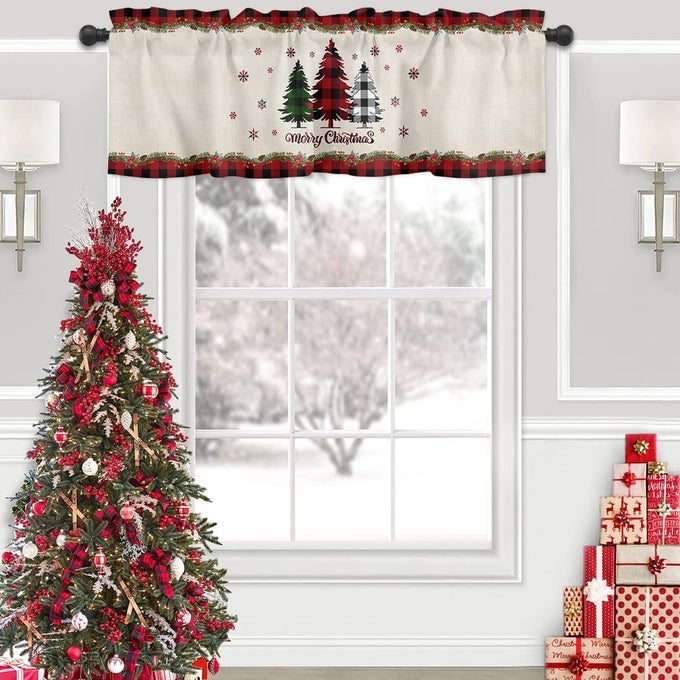 CHRISTMAS TREE VALANCES WINDOWS CURTAIN HOLLY BERRY KITCHEN VALANCES ROD POCKET SNOWFLAKE RED BLACK BUFFALO PLAID CHECK SHORT TOPPER CURTAINS FOR WINTER HOLIDAY CHRISTMAS DECOR 1 PANEL54X18 INCH