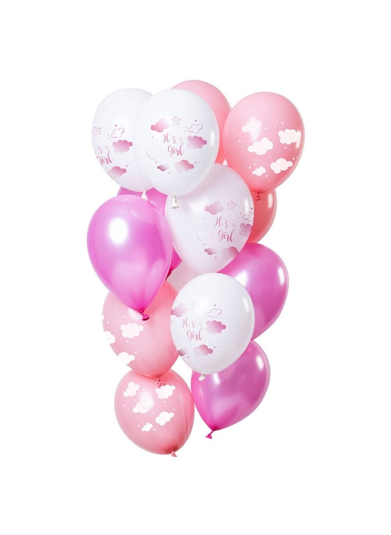فولات باقة بالونات It's A Girl باللون الوردي والأبيض والسحابة 30 سم عبوة من 12 قطعة