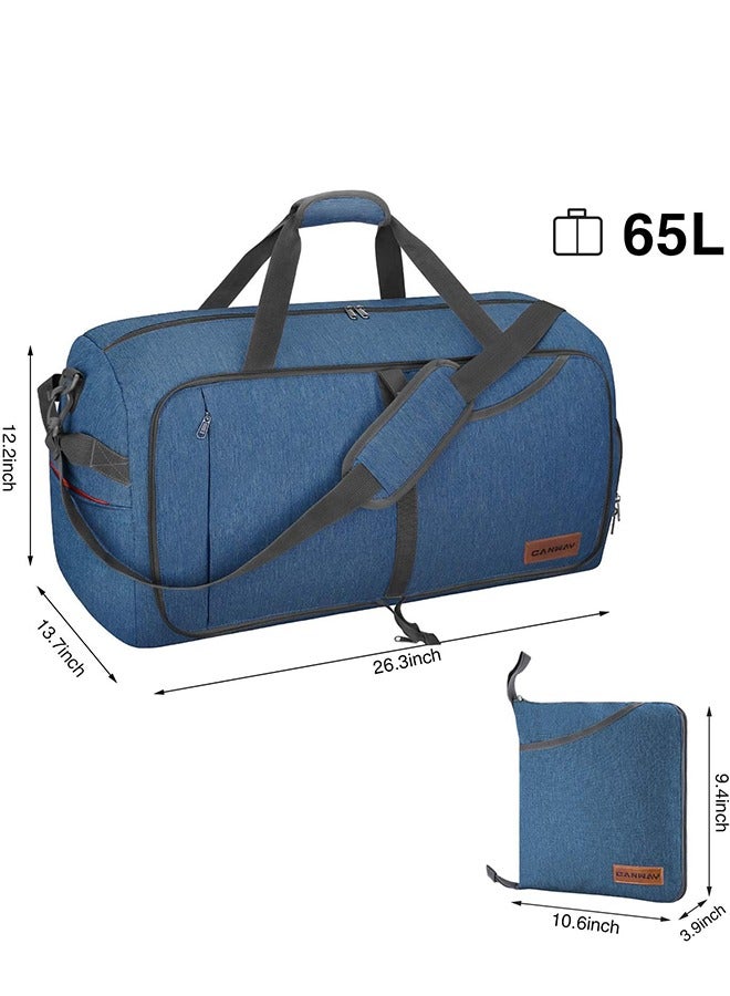 كان واي حقيبة أمتعة سفر سعة 65 لتر من كانواي، حقيبة سفر قابلة للطي لنهاية الأسبوع، مقصورة للأحذية للرجال والنساء، مقاومة للماء والتمزق، أزرق - Image 2