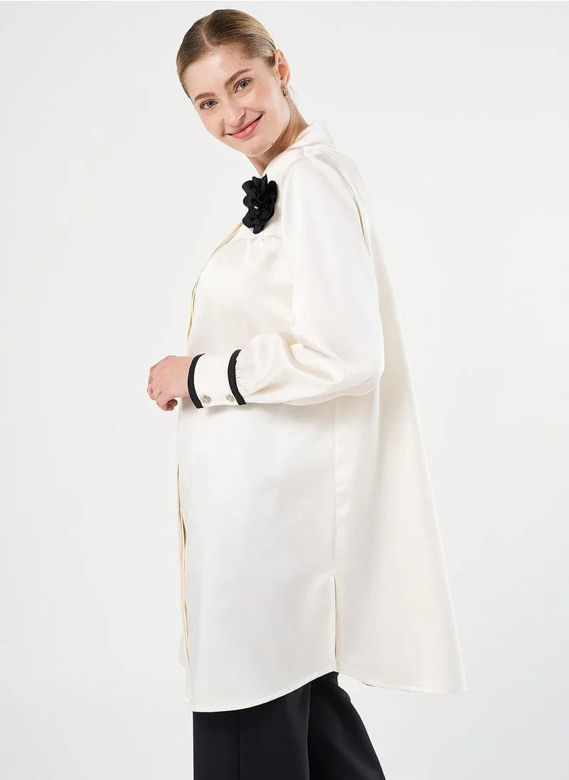 Kayra Floral Detail Satin Tunic in Ecru