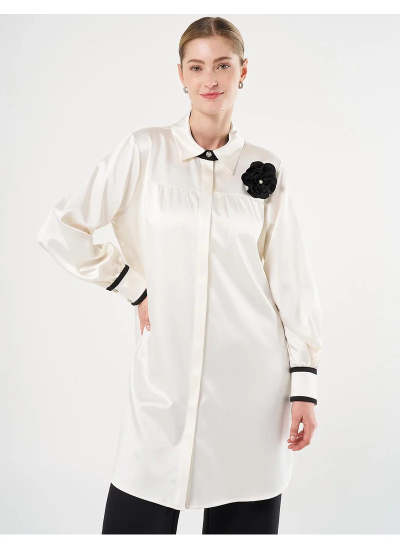 Kayra Floral Detail Satin Tunic in Ecru