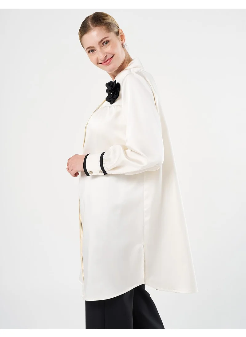 Kayra Floral Detail Satin Tunic in Ecru
