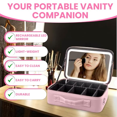 Oceanevo Medium Cosmetic Organizer Bag with Rechargeable LED Mirror & Makeup Sponge Included | Makeup Vanity Box with 3 LED Brightness Modes, Adjustable Dividers, Rose Gold PU Finish - Image 5