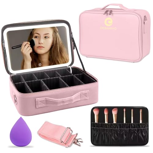 Oceanevo Medium Cosmetic Organizer Bag with Rechargeable LED Mirror & Makeup Sponge Included | Makeup Vanity Box with 3 LED Brightness Modes, Adjustable Dividers, Rose Gold PU Finish - Image 1