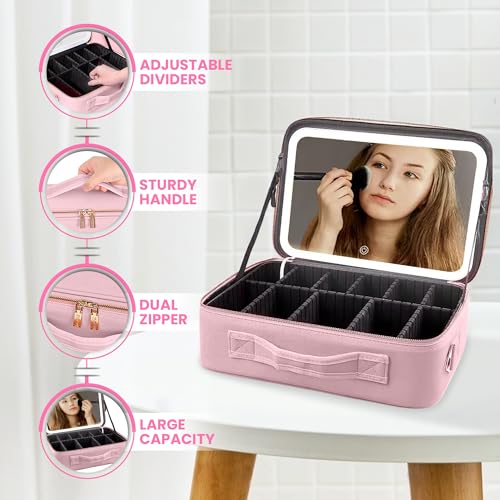 Oceanevo Medium Cosmetic Organizer Bag with Rechargeable LED Mirror & Makeup Sponge Included | Makeup Vanity Box with 3 LED Brightness Modes, Adjustable Dividers, Rose Gold PU Finish - Image 4