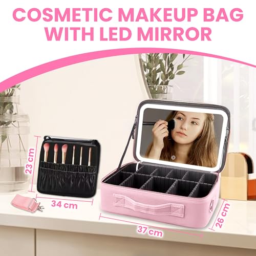 Oceanevo Medium Cosmetic Organizer Bag with Rechargeable LED Mirror & Makeup Sponge Included | Makeup Vanity Box with 3 LED Brightness Modes, Adjustable Dividers, Rose Gold PU Finish - Image 3