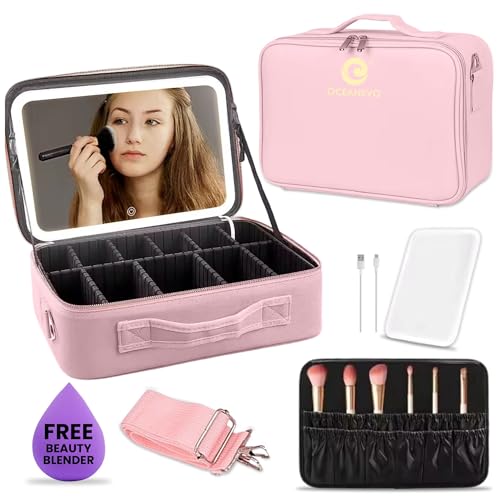 Oceanevo Medium Cosmetic Organizer Bag with Rechargeable LED Mirror & Makeup Sponge Included | Makeup Vanity Box with 3 LED Brightness Modes, Adjustable Dividers, Rose Gold PU Finish - Image 2