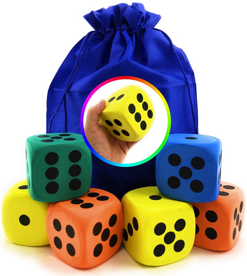 Matty's Toy Stop Deluxe Giant 3.15" EVA Foam Dice (Pack of 6) with Bonus Matty's Toy Stop Storage Bag - Image 1