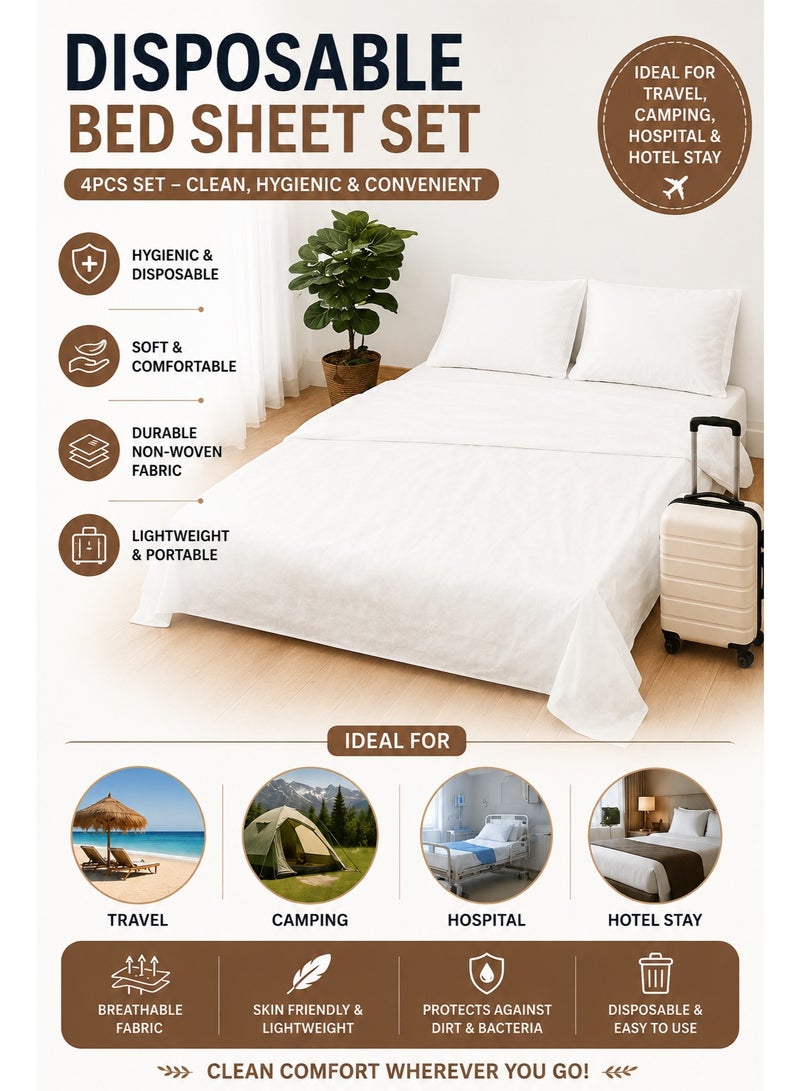 Disposable Bed Sheet 4pcs Set Hotel, Portable Bedspread Bedding / 1 Bed Sheet 1 Quilt Cover and 2 Pillowcase for Travel, Camping, Hospital - Soft and Durable Non-Woven Fabric - Image 2