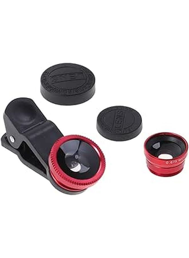 Universal Smartphone Camera Lens Kit with Fisheye Wide Angle and Macro Lenses Red Clip - Image 1