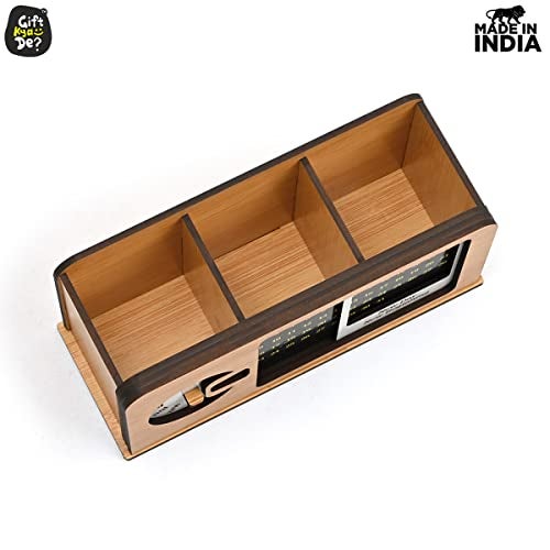 Gift Kya De GKD study table decor with lifetime table calendar 2026 unique stationery items radio retro theme with switch button 3d office desk decorative items penstand 3 Compartment(ecofriendly) - Image 3