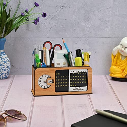 Gift Kya De GKD study table decor with lifetime table calendar 2026 unique stationery items radio retro theme with switch button 3d office desk decorative items penstand 3 Compartment(ecofriendly) - Image 1
