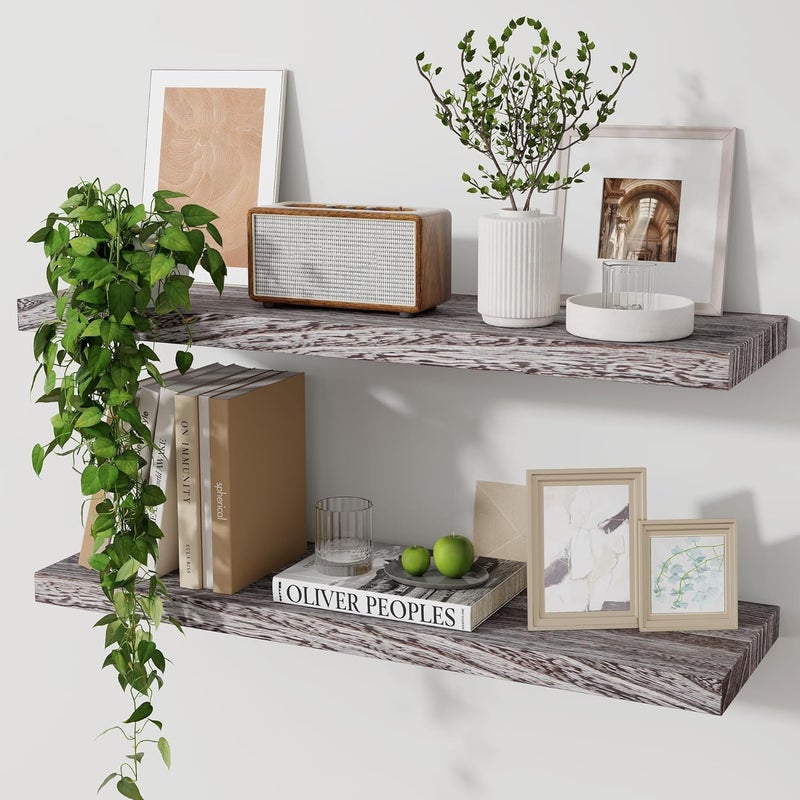 Marsmiles Wood Floating Shelves for Wall Set of 2 24 Inch Wide Rustic Wooden Floating Shelves Invisible Wall Mounted Display for Living Room Bedroom Kitchen Bathroom Office Rustic Brown