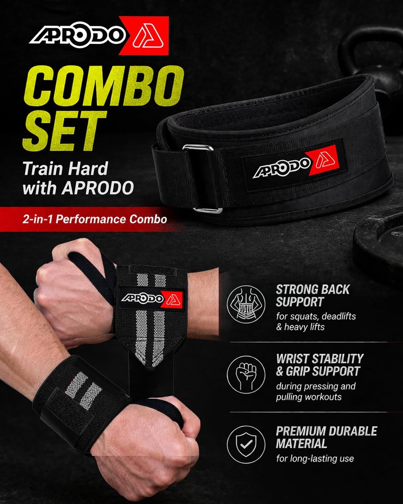 APRODO Fitness Combo Weight Lifting Belt Back Support 4.5 Inch Wide with Extra Premium Wrist Support 1 Pair for Men and Women (BLACK GREY COMBO, Medium 32'' - 36'') - Image 2
