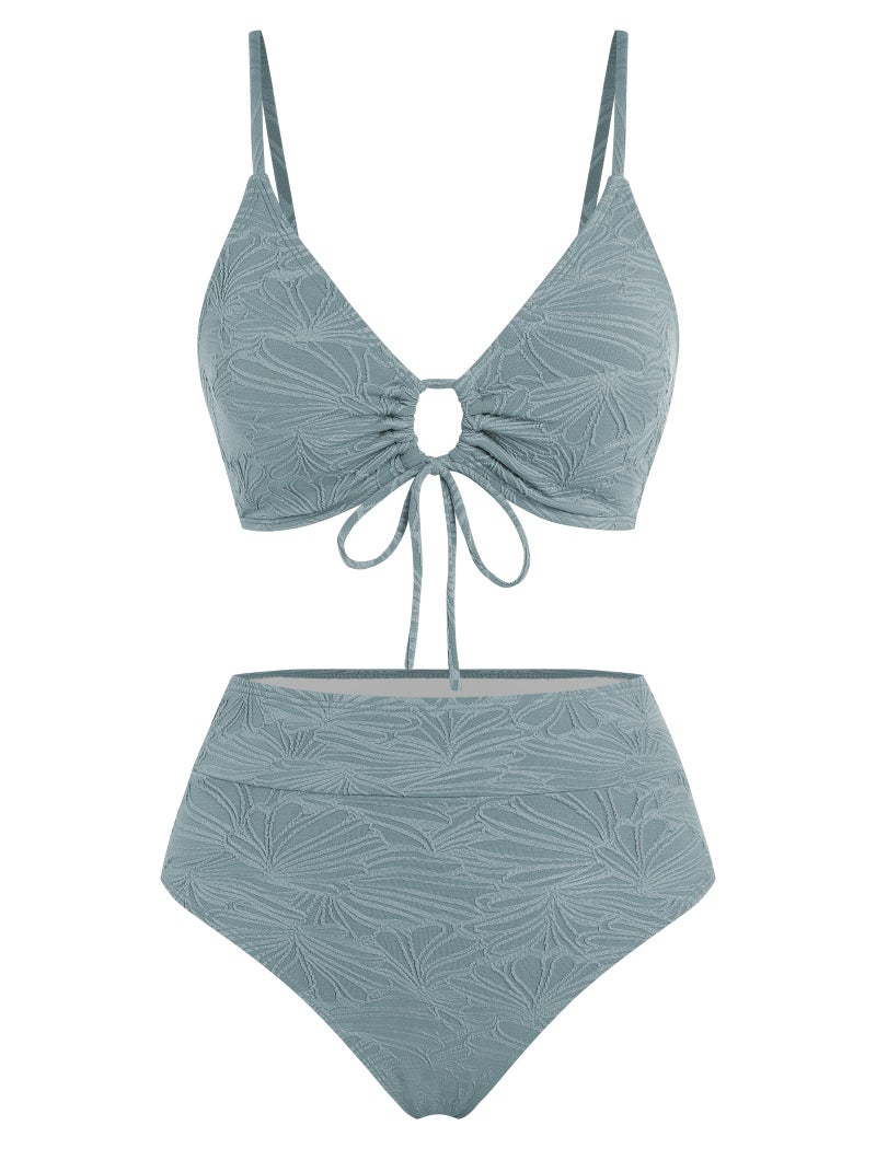 ZAFUL Bikini Sets for Women String 2 Piece Swimsuits High Waisted Bathing Suit V Neck High Cut Cheeky Swimwear Grey Green M - Image 5