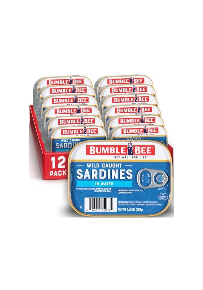 Bumble Bee Sardines in Water 375 oz Tin Pack of 12  Wild Caught Gluten Free Keto Kosher Clean Ingredients - Image 1