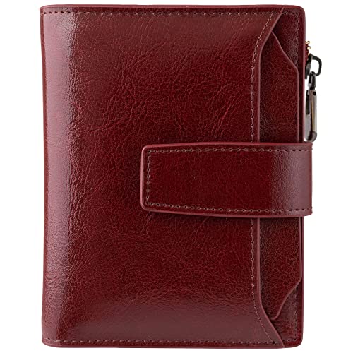 Bveyzi Women's Small Leather RFID Blocking Bifold Zipper Pocket Wallet Ladies Credit Card Slots Purse with id Window(Wine Red) - Image 1