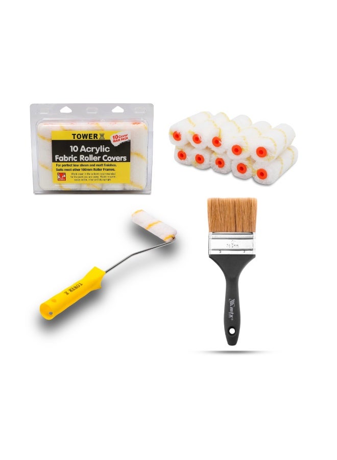 Tower 3-Piece Professional Painting Tool Kit: 10pc Tower 4" Acrylic Roller Refill Pack, Tower 4" Roller Frame, and MTX 3" Paint Brush - Image 1