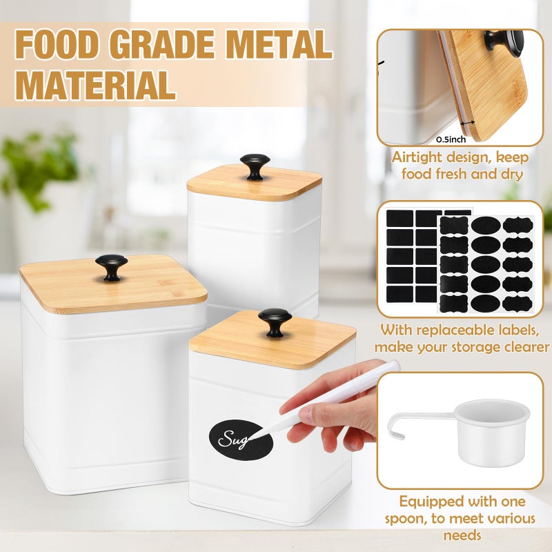 Tioncy Kitchen Canisters for Countertop Set of 3 Metal Canisters Sets with Bamboo Lids Spoon Airtight High Capacity Coffee Tea Sugar Flour Jars with DIY Labels Farmhouse Food Storage(White,XL,L,M) - Image 3