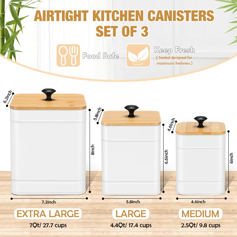 Tioncy Kitchen Canisters for Countertop Set of 3 Metal Canisters Sets with Bamboo Lids Spoon Airtight High Capacity Coffee Tea Sugar Flour Jars with DIY Labels Farmhouse Food Storage(White,XL,L,M) - Image 2