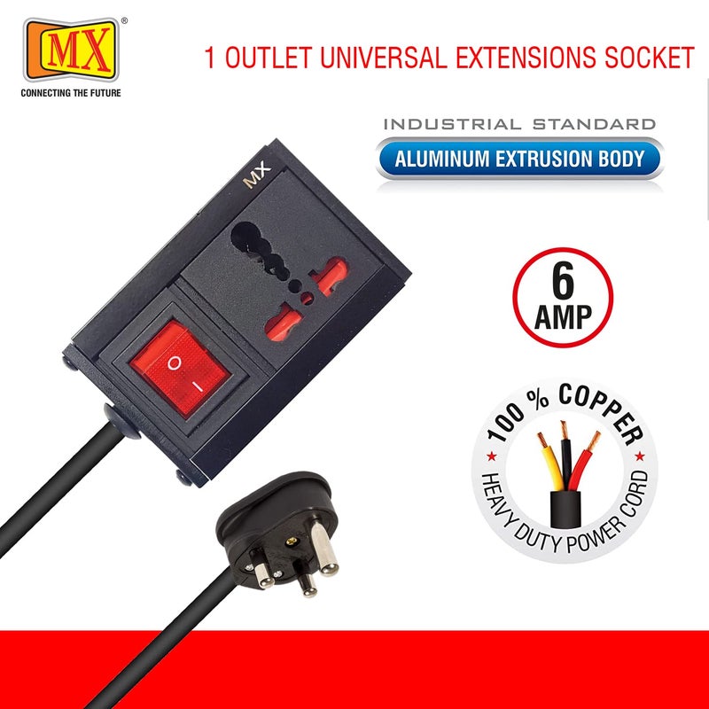MX Single Socket Extension Board with 1.5 Meter Heavy-Duty Cord | 6A to 16A Converter Plug with Master Switch & Safety Shutter | 3-Pin Socket Power Board for Home, Office & Appliances – 1800W - Image 4