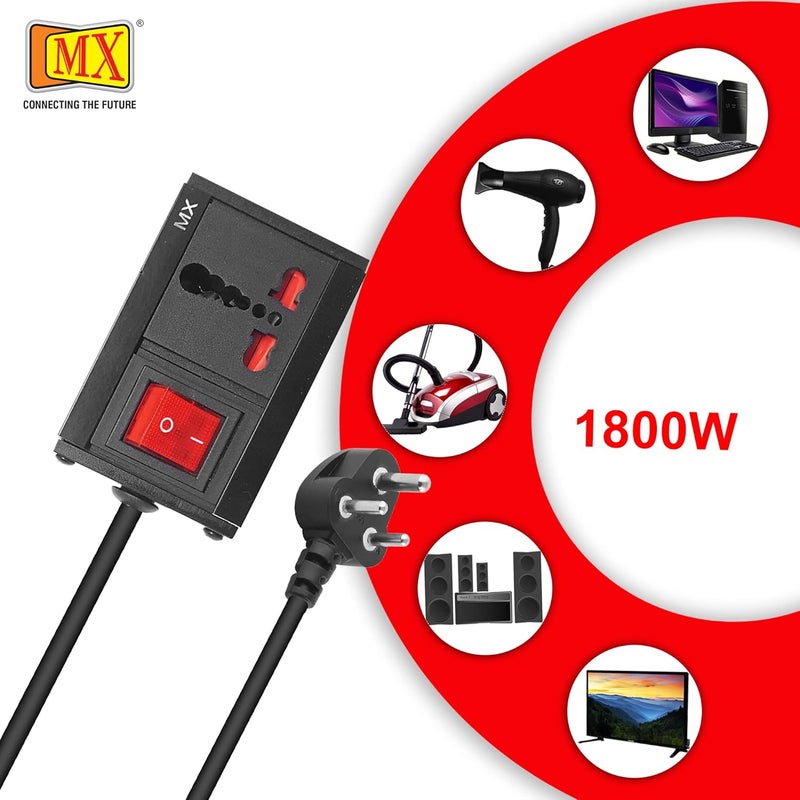 MX Single Socket Extension Board with 1.5 Meter Heavy-Duty Cord | 6A to 16A Converter Plug with Master Switch & Safety Shutter | 3-Pin Socket Power Board for Home, Office & Appliances – 1800W - Image 5