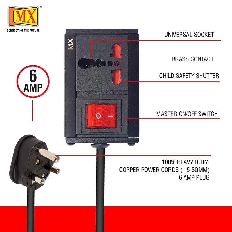 MX Single Socket Extension Board with 1.5 Meter Heavy-Duty Cord | 6A to 16A Converter Plug with Master Switch & Safety Shutter | 3-Pin Socket Power Board for Home, Office & Appliances – 1800W - Image 2