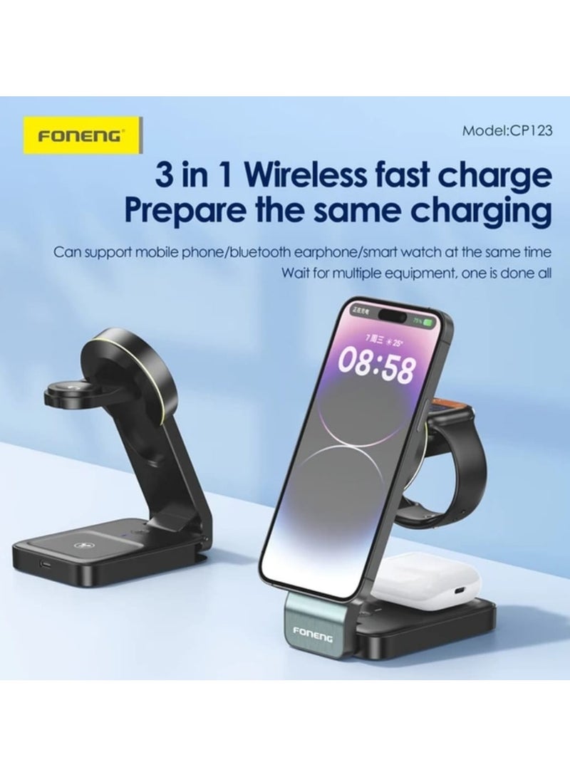 FONENG 3-in-1 Foldable Magnetic Wireless Charging Stand 15W , supports charging of mobile phones/smartwatches/Bluetooth headsets and other devices Foldable and convenient design, portable storage does not takeupspaceStrong magnetic suction, precise fit, built-in light bulb can be used as a night Light - Image 1